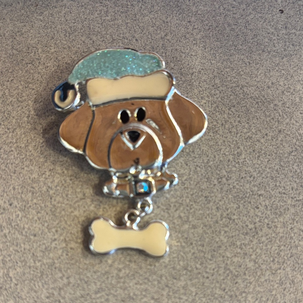 Cute Brown Dog Enamel Pin with Light Blue Hat and Cream Bone Charm